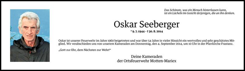  Todesanzeige für Oskar Seeberger vom 01.09.2014 aus Vorarlberger Nachrichten