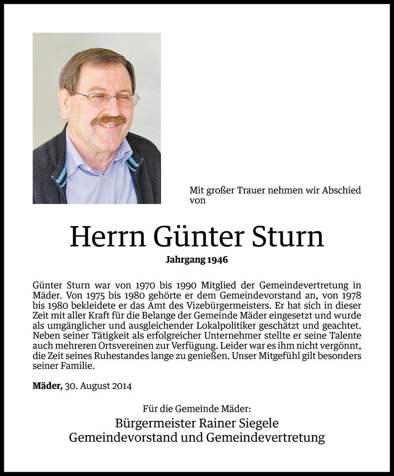  Todesanzeige für Günter Sturn vom 01.09.2014 aus Vorarlberger Nachrichten