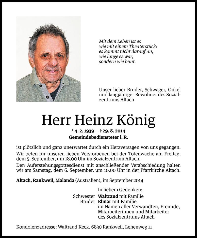  Todesanzeige für Heinz König vom 03.09.2014 aus Vorarlberger Nachrichten