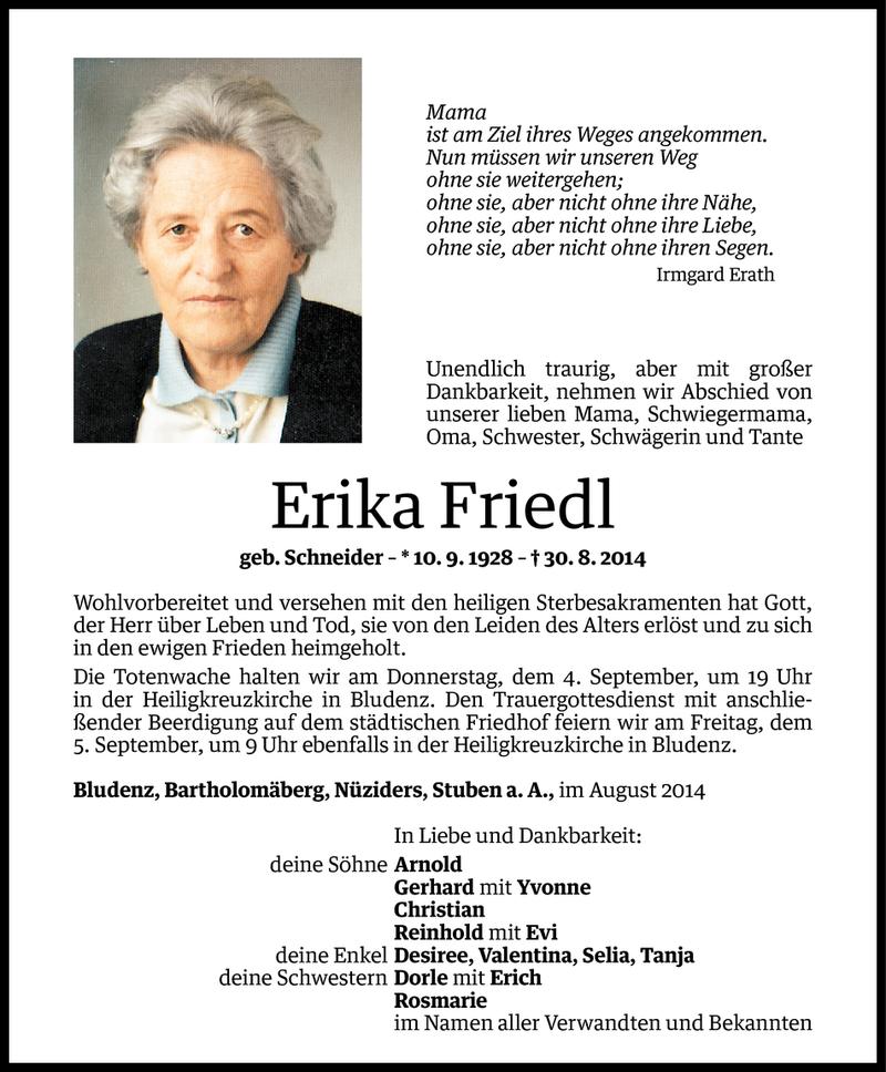  Todesanzeige für Erika Friedl vom 03.09.2014 aus Vorarlberger Nachrichten