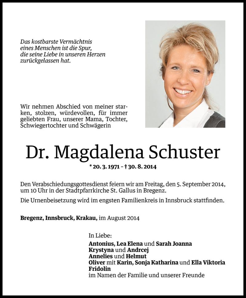  Todesanzeige für Magdalena Schuster vom 02.09.2014 aus Vorarlberger Nachrichten