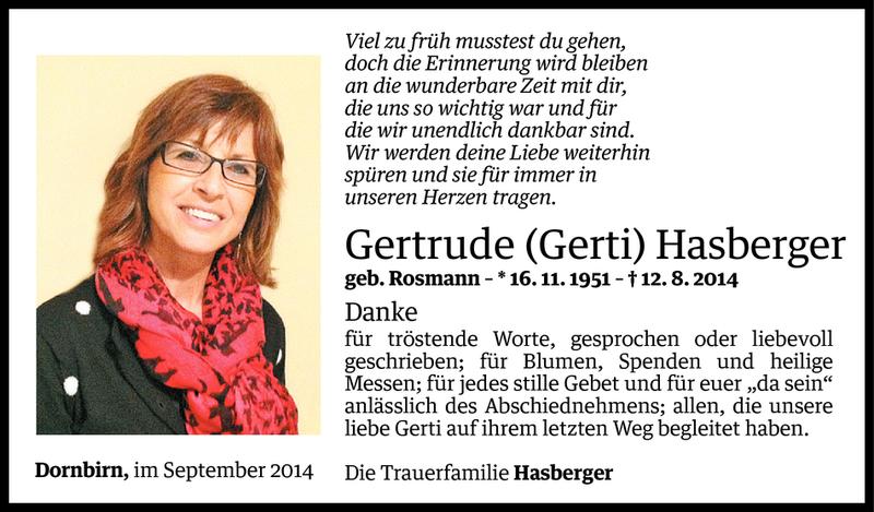  Todesanzeige für Gertrude Hasberger vom 02.09.2014 aus Vorarlberger Nachrichten