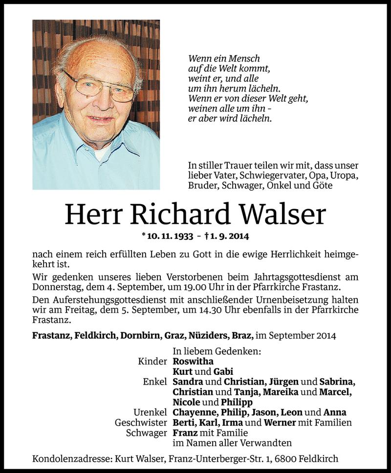  Todesanzeige für Richard Walser vom 03.09.2014 aus Vorarlberger Nachrichten