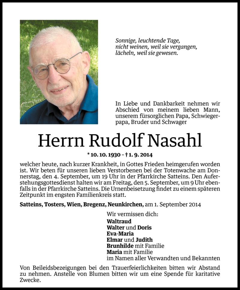  Todesanzeige für Rudolf Nasahl vom 02.09.2014 aus Vorarlberger Nachrichten