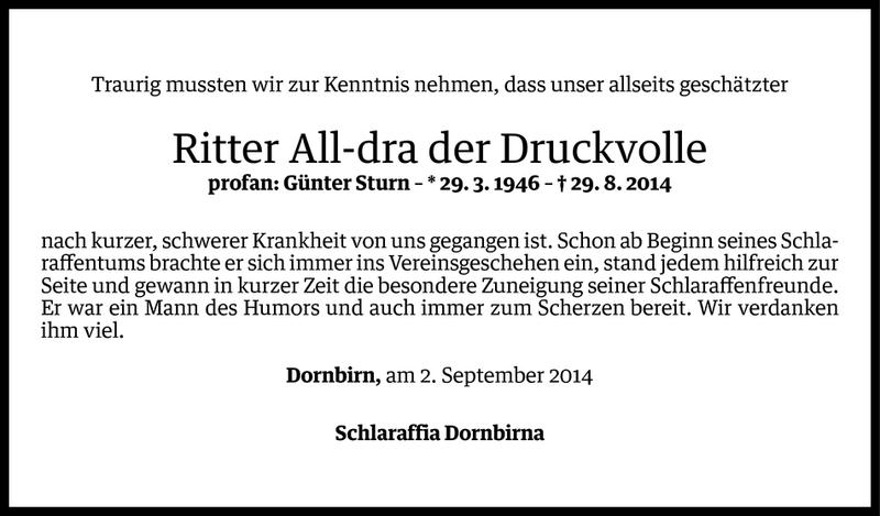  Todesanzeige für Günter Sturn vom 02.09.2014 aus Vorarlberger Nachrichten