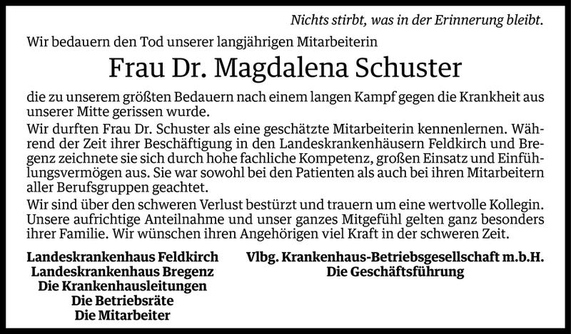  Todesanzeige für Magdalena Schuster vom 02.09.2014 aus Vorarlberger Nachrichten