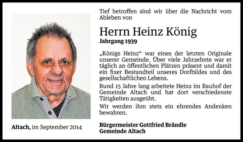  Todesanzeige für Heinz König vom 02.09.2014 aus Vorarlberger Nachrichten