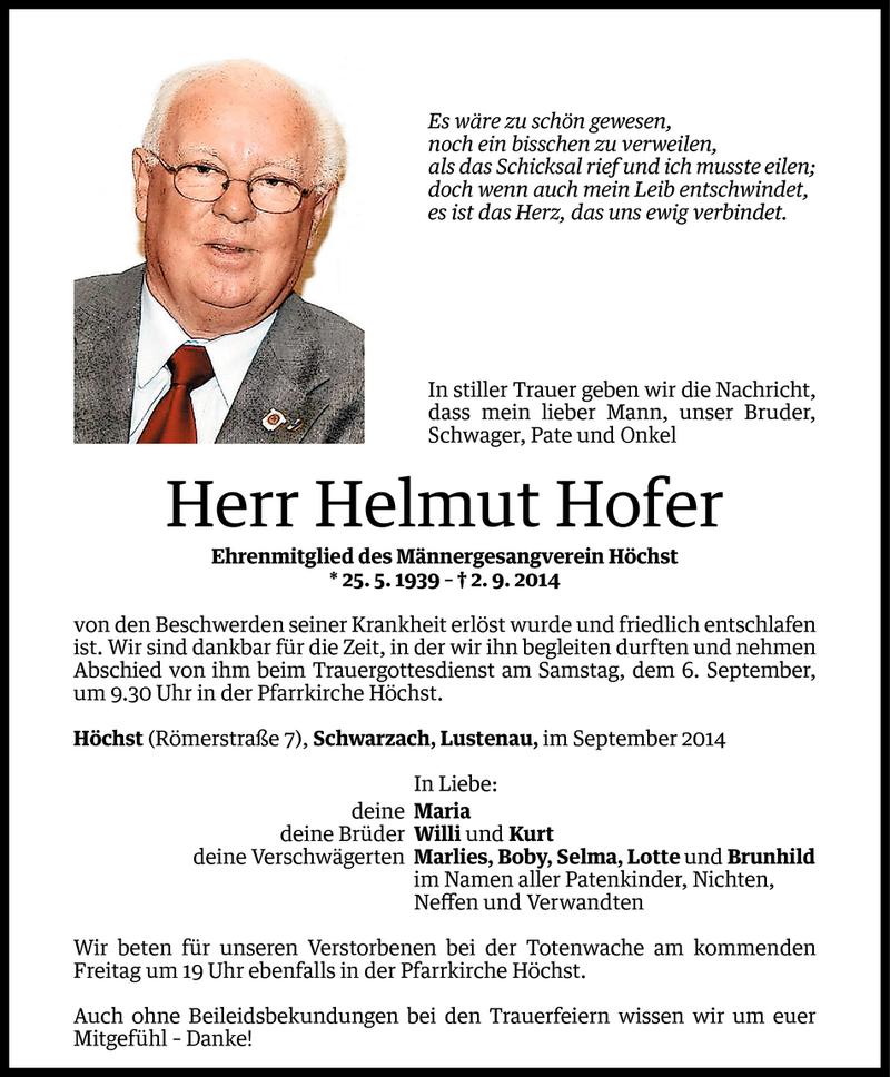  Todesanzeige für Helmut Hofer vom 02.09.2014 aus Vorarlberger Nachrichten