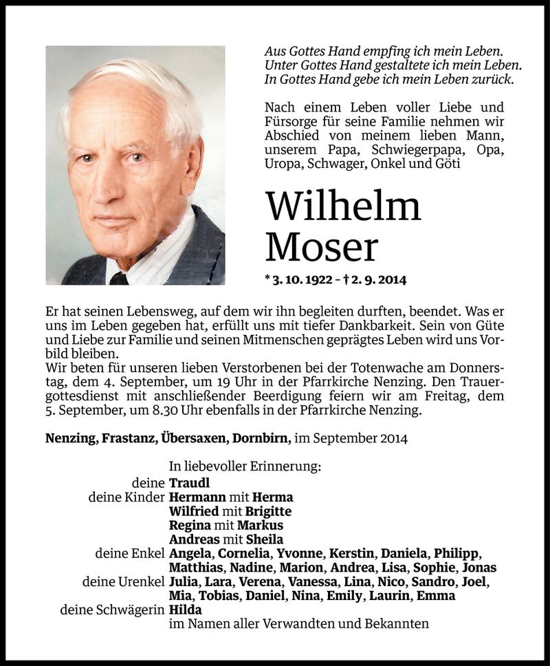  Todesanzeige für Wilhelm Moser vom 03.09.2014 aus Vorarlberger Nachrichten