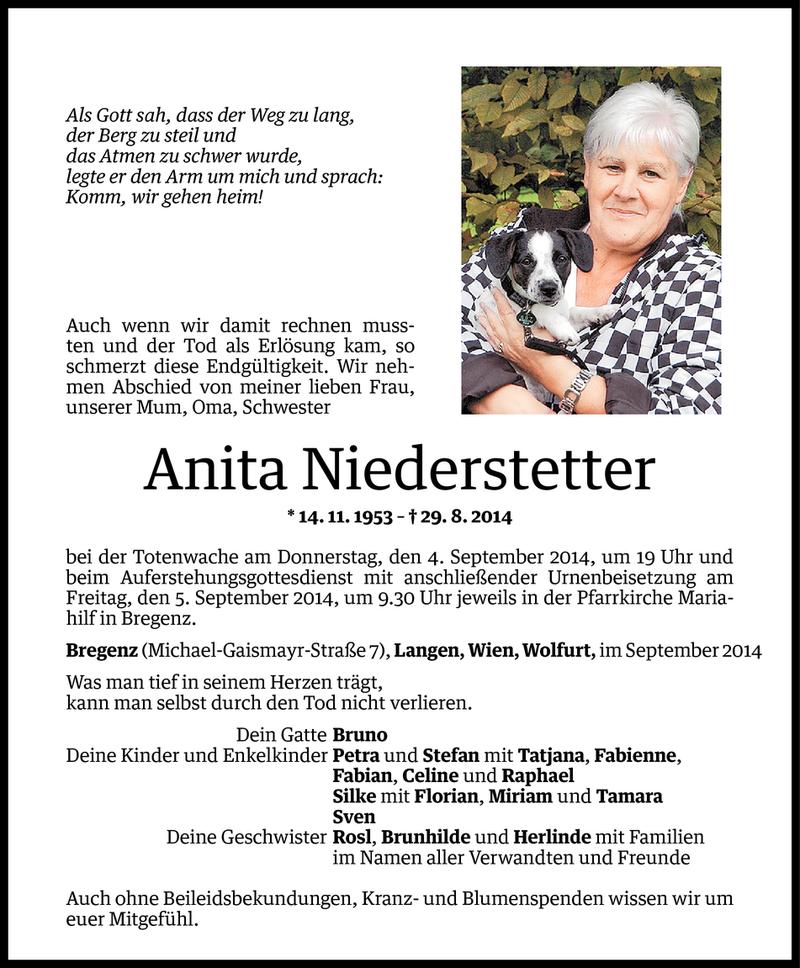  Todesanzeige für Anita Niederstetter vom 02.09.2014 aus Vorarlberger Nachrichten