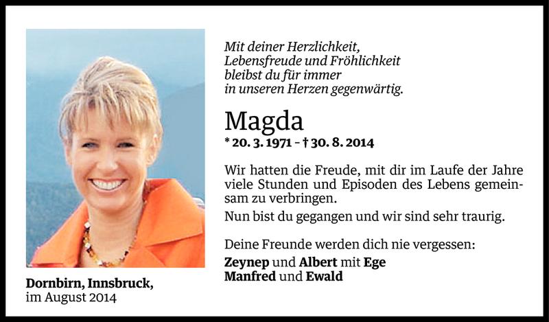  Todesanzeige für Magdalena Schuster vom 03.09.2014 aus Vorarlberger Nachrichten