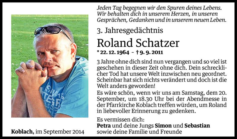  Todesanzeige für Roland Schatzer vom 09.09.2014 aus Vorarlberger Nachrichten