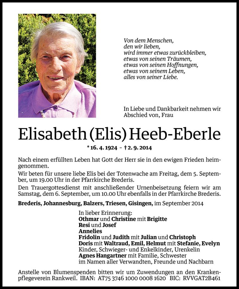  Todesanzeige für Elisabeth Heeb-Eberle vom 05.09.2014 aus Vorarlberger Nachrichten