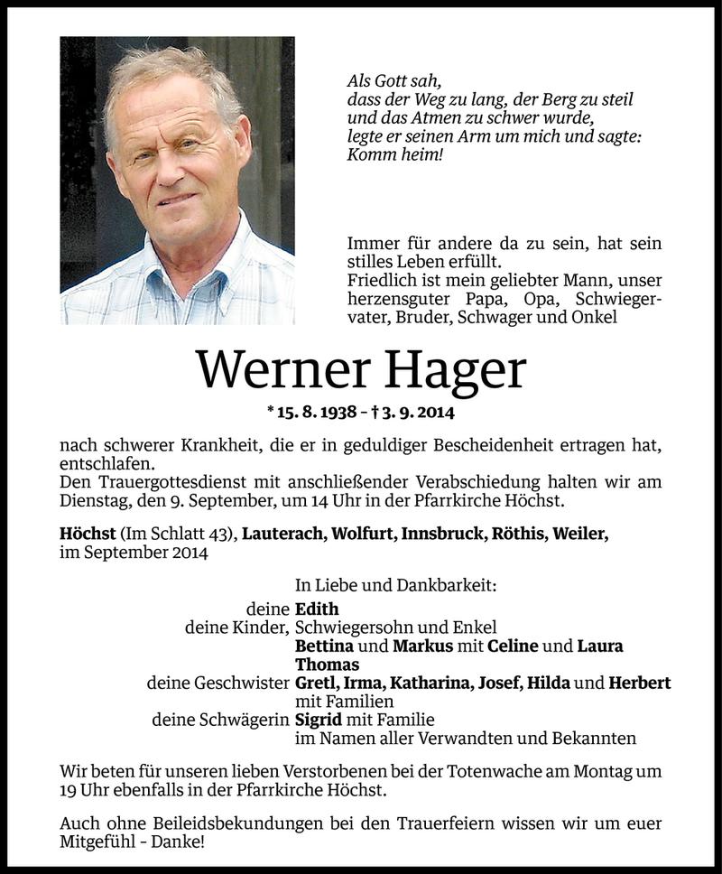  Todesanzeige für Werner Hager vom 04.09.2014 aus Vorarlberger Nachrichten