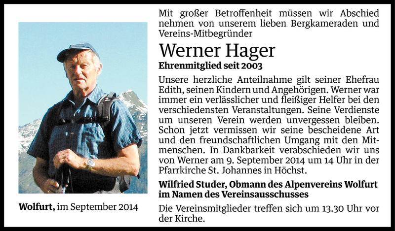  Todesanzeige für Werner Hager vom 04.09.2014 aus Vorarlberger Nachrichten