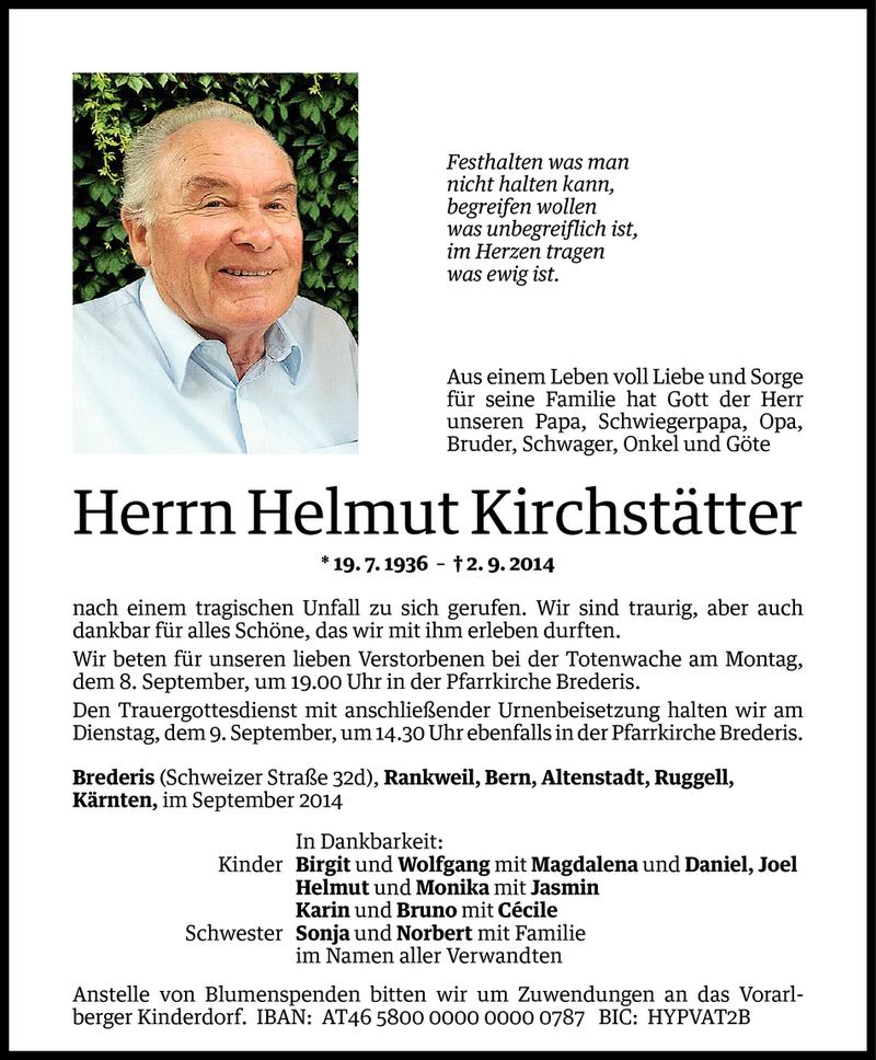  Todesanzeige für Helmut Kirchstätter vom 06.09.2014 aus Vorarlberger Nachrichten