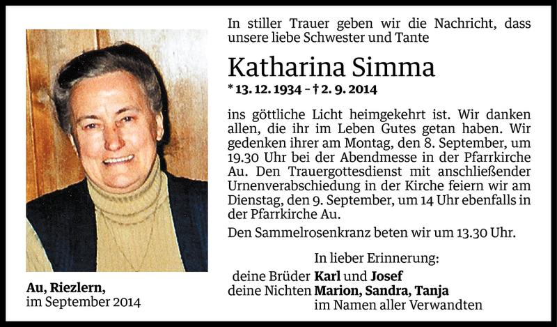  Todesanzeige für Katharina Simma vom 05.09.2014 aus Vorarlberger Nachrichten