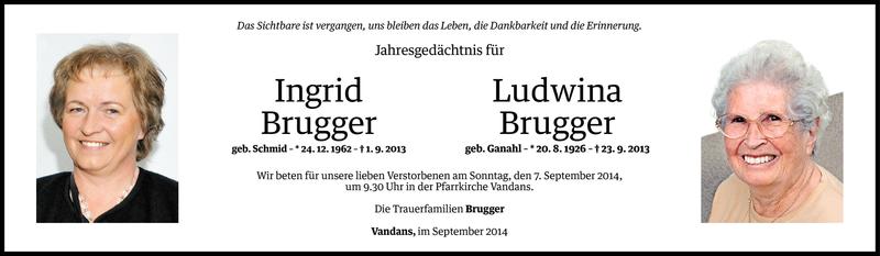  Todesanzeige für Ingrid und Ludwina Brugger vom 05.09.2014 aus Vorarlberger Nachrichten