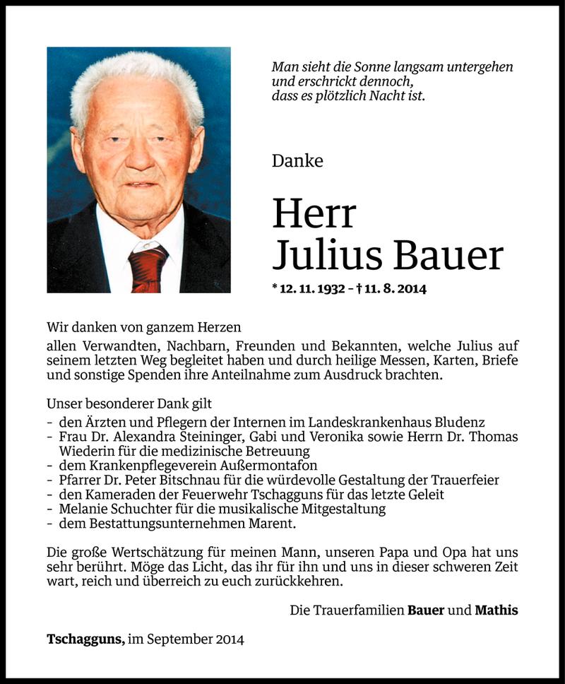  Todesanzeige für Julius Bauer vom 05.09.2014 aus Vorarlberger Nachrichten