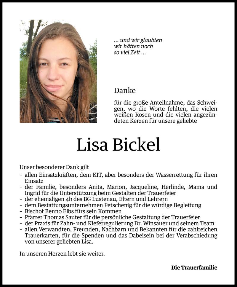  Todesanzeige für Lisa Bickel vom 05.09.2014 aus Vorarlberger Nachrichten