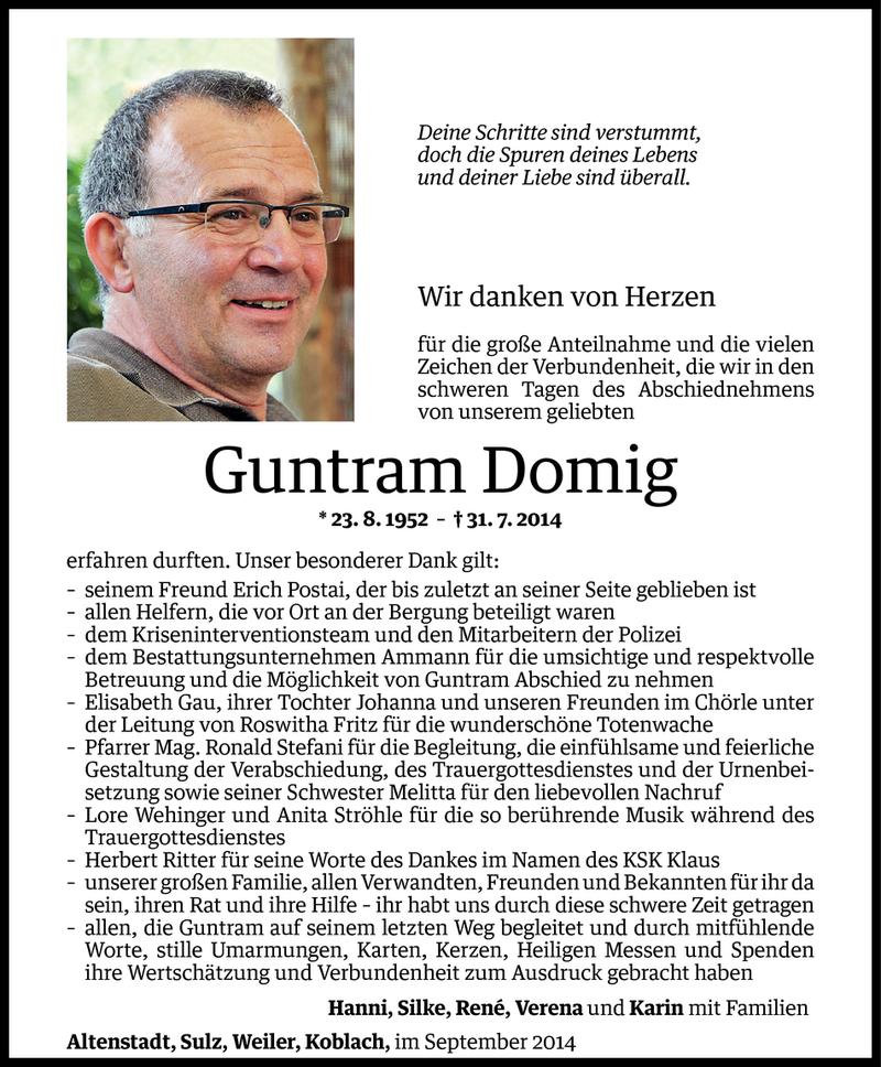  Todesanzeige für Guntram Domig vom 06.09.2014 aus Vorarlberger Nachrichten