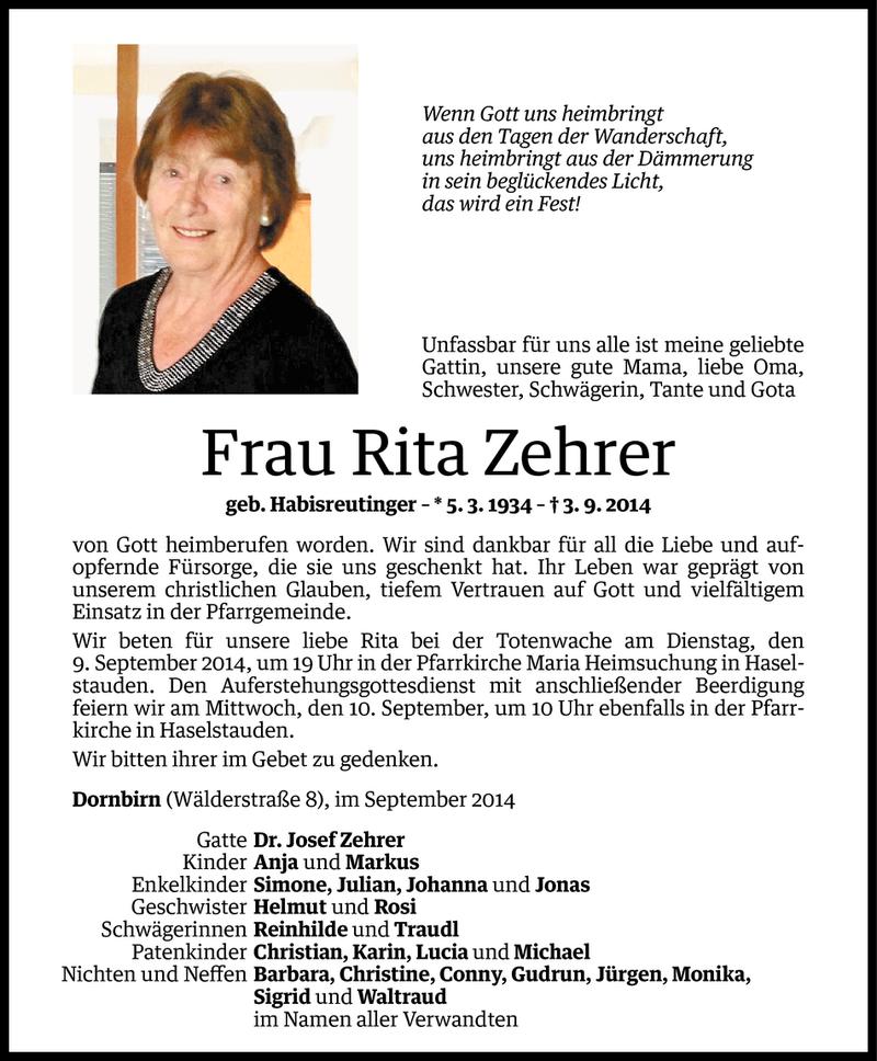  Todesanzeige für Rita Zehrer vom 05.09.2014 aus Vorarlberger Nachrichten