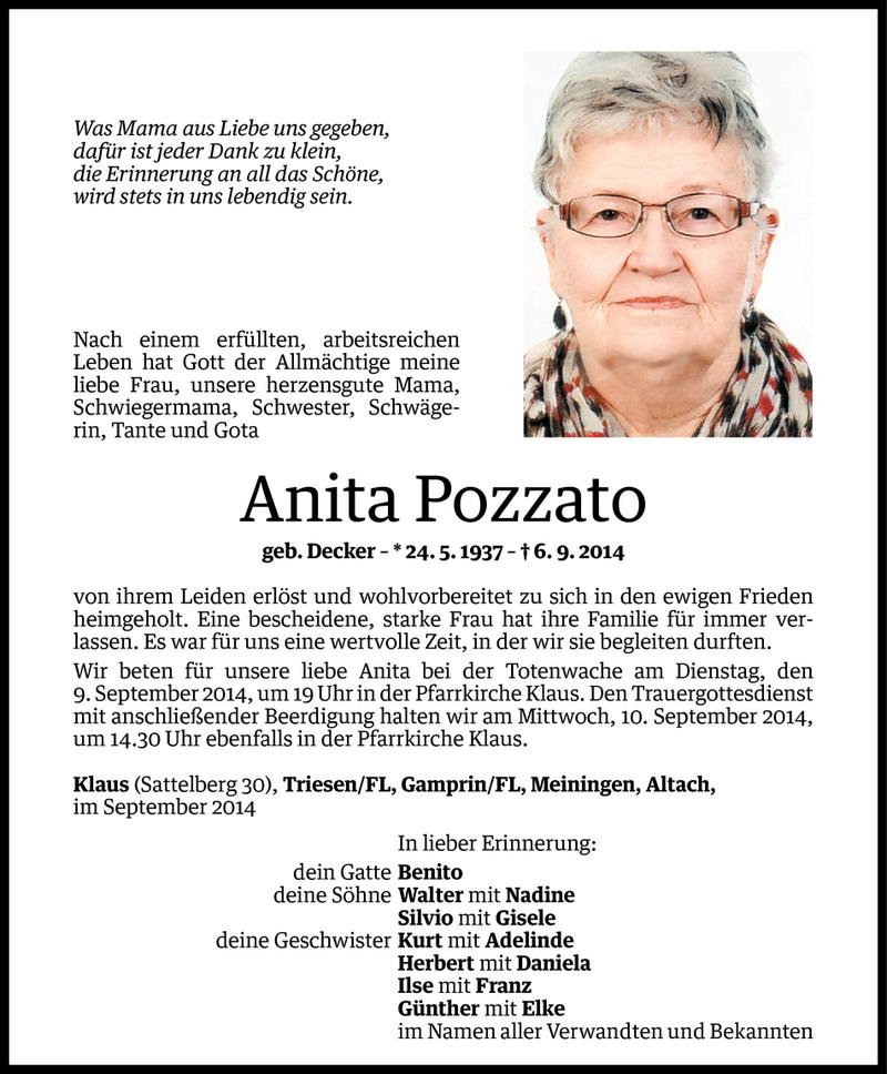  Todesanzeige für Anita Pozzato vom 07.09.2014 aus Vorarlberger Nachrichten