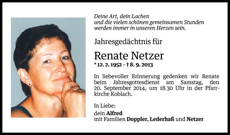  Todesanzeige für Renate Netzer vom 07.09.2014 aus Vorarlberger Nachrichten