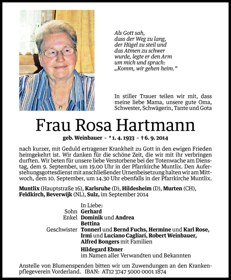  Todesanzeige für Rosa Hartmann vom 08.09.2014 aus Vorarlberger Nachrichten