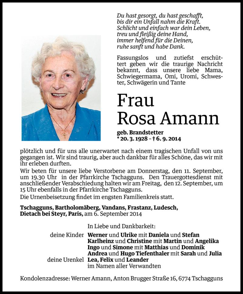  Todesanzeige für Rosa Amann vom 07.09.2014 aus Vorarlberger Nachrichten