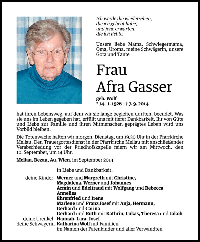  Todesanzeige für Afra Gasser vom 07.09.2014 aus Vorarlberger Nachrichten