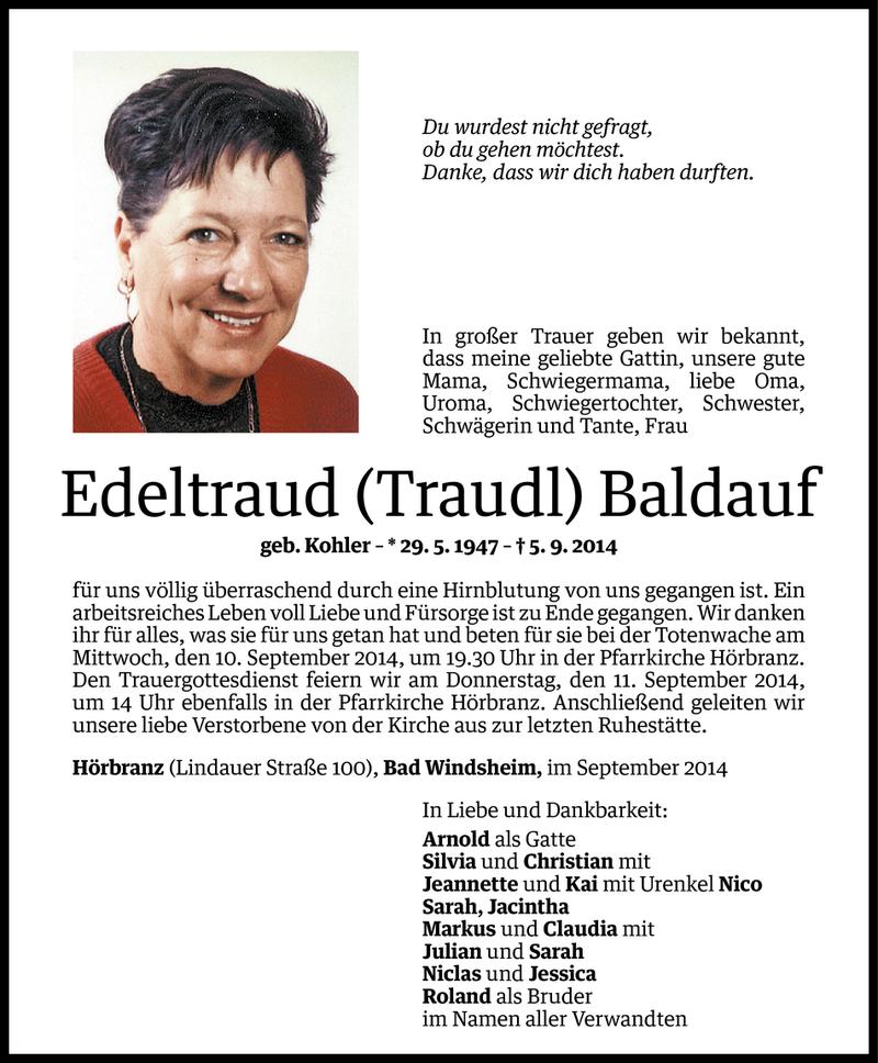  Todesanzeige für Edeltraud Baldauf vom 08.09.2014 aus Vorarlberger Nachrichten