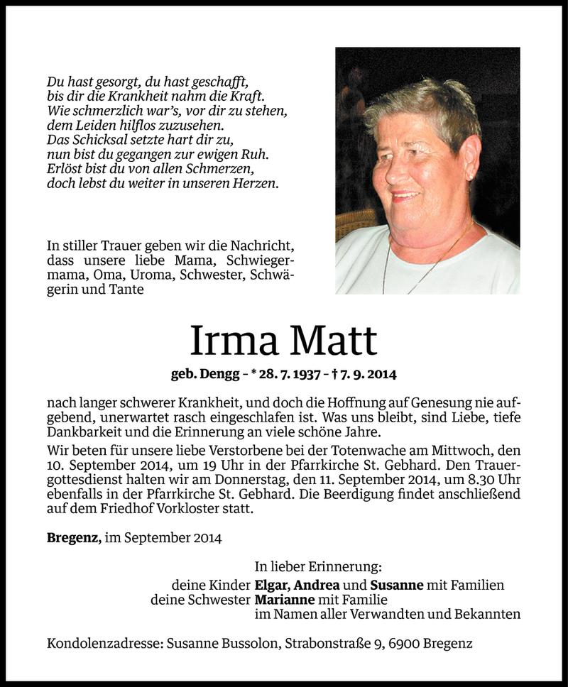  Todesanzeige für Irma Matt vom 08.09.2014 aus Vorarlberger Nachrichten