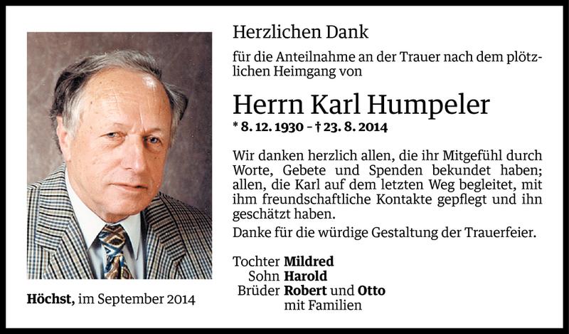  Todesanzeige für Karl Humpeler vom 09.09.2014 aus Vorarlberger Nachrichten