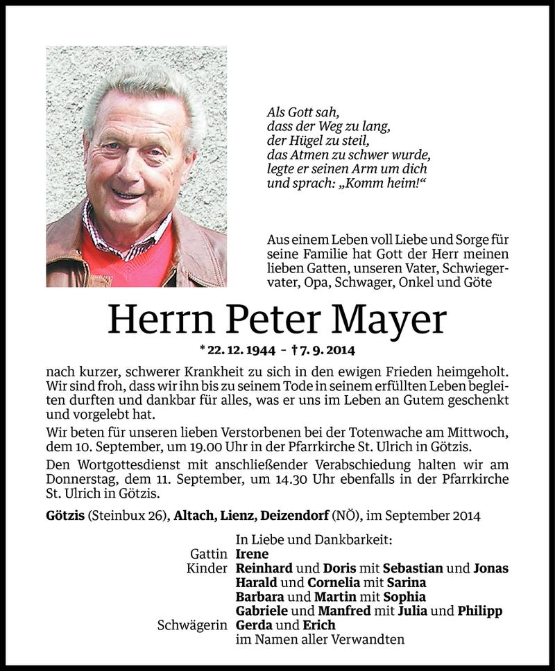  Todesanzeige für Peter Mayer vom 09.09.2014 aus Vorarlberger Nachrichten