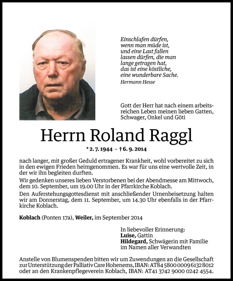  Todesanzeige für Roland Raggl vom 09.09.2014 aus Vorarlberger Nachrichten