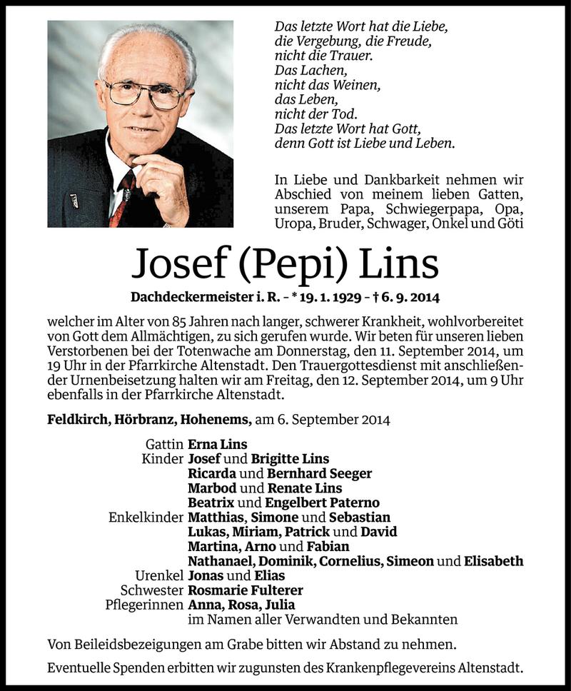  Todesanzeige für Josef Lins vom 09.09.2014 aus Vorarlberger Nachrichten