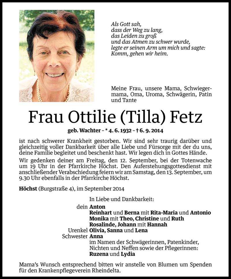  Todesanzeige für Ottilie Fetz vom 09.09.2014 aus Vorarlberger Nachrichten