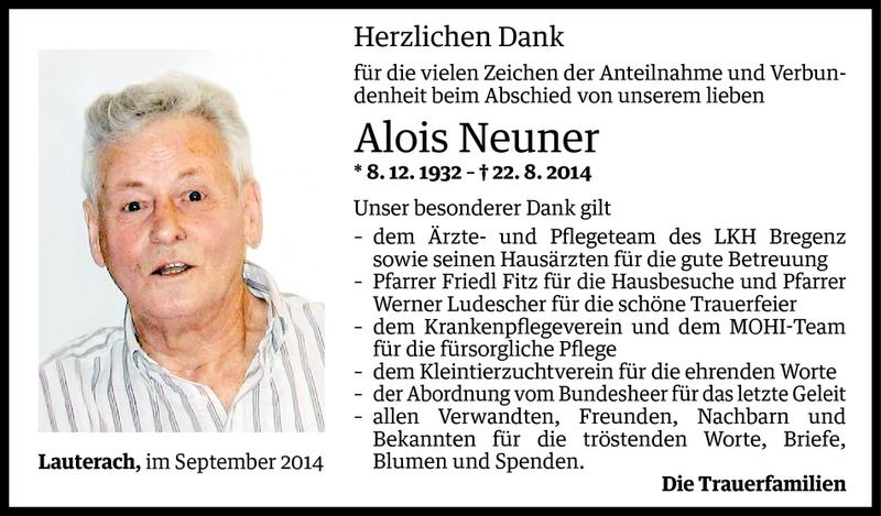  Todesanzeige für Alois Neuner vom 09.09.2014 aus Vorarlberger Nachrichten