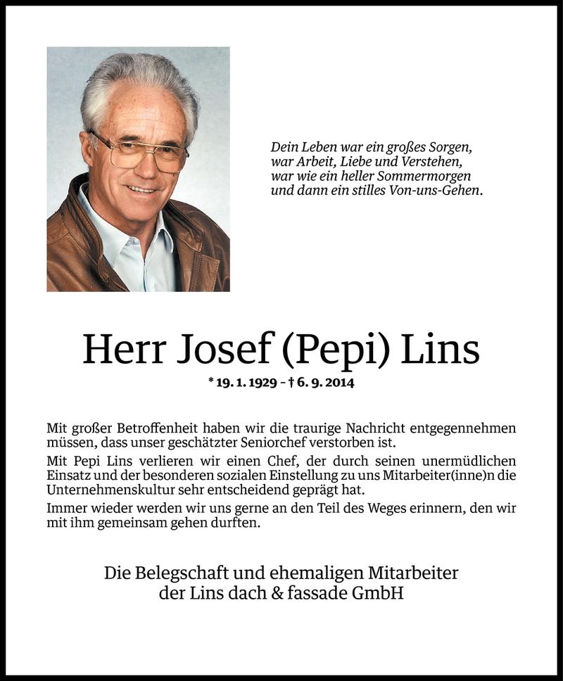  Todesanzeige für Josef Lins vom 09.09.2014 aus Vorarlberger Nachrichten