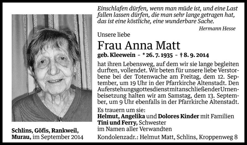  Todesanzeige für Anna Matt vom 10.09.2014 aus Vorarlberger Nachrichten