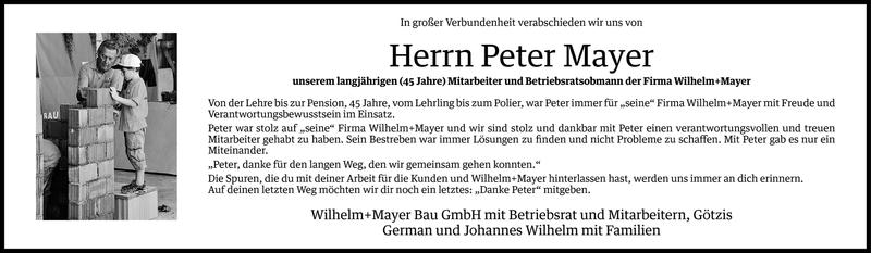  Todesanzeige für Peter Mayer vom 09.09.2014 aus Vorarlberger Nachrichten