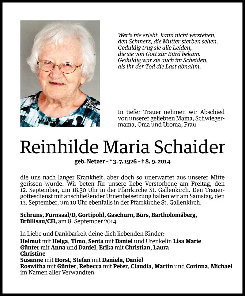  Todesanzeige für Reinhilde Maria Schaider vom 09.09.2014 aus Vorarlberger Nachrichten