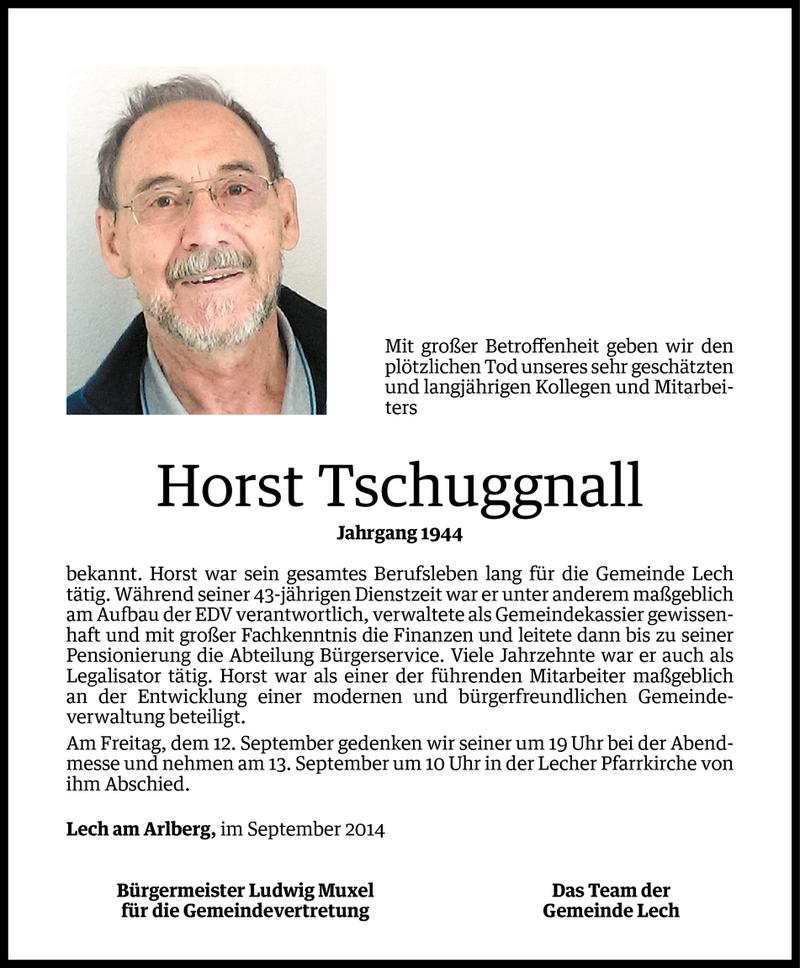  Todesanzeige für Horst Tschuggnall vom 11.09.2014 aus Vorarlberger Nachrichten