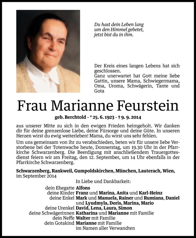  Todesanzeige für Marianne Feurstein vom 10.09.2014 aus Vorarlberger Nachrichten