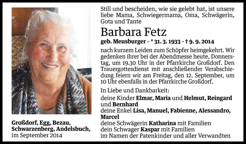  Todesanzeige für Barbara Fetz vom 10.09.2014 aus Vorarlberger Nachrichten