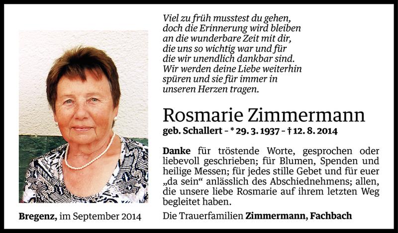  Todesanzeige für Rosmarie Zimmermann vom 10.09.2014 aus Vorarlberger Nachrichten