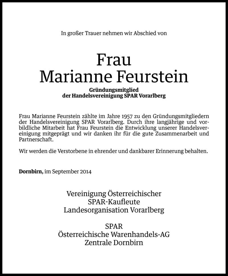  Todesanzeige für Marianne Feurstein vom 10.09.2014 aus Vorarlberger Nachrichten