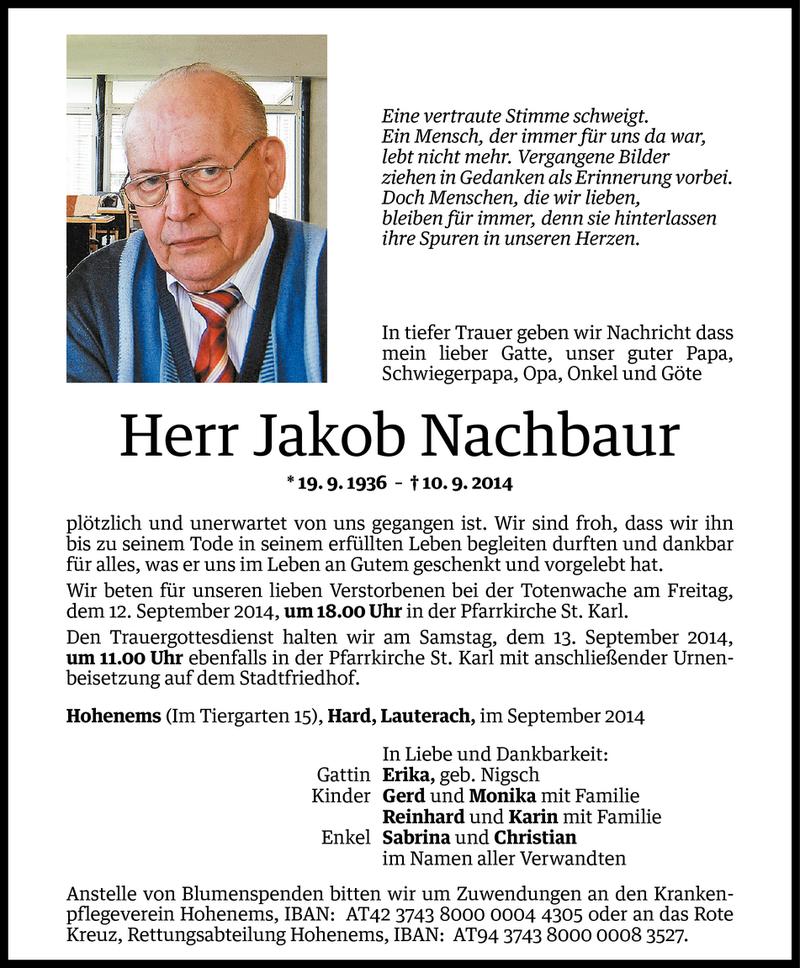  Todesanzeige für Jakob Nachbaur vom 11.09.2014 aus Vorarlberger Nachrichten