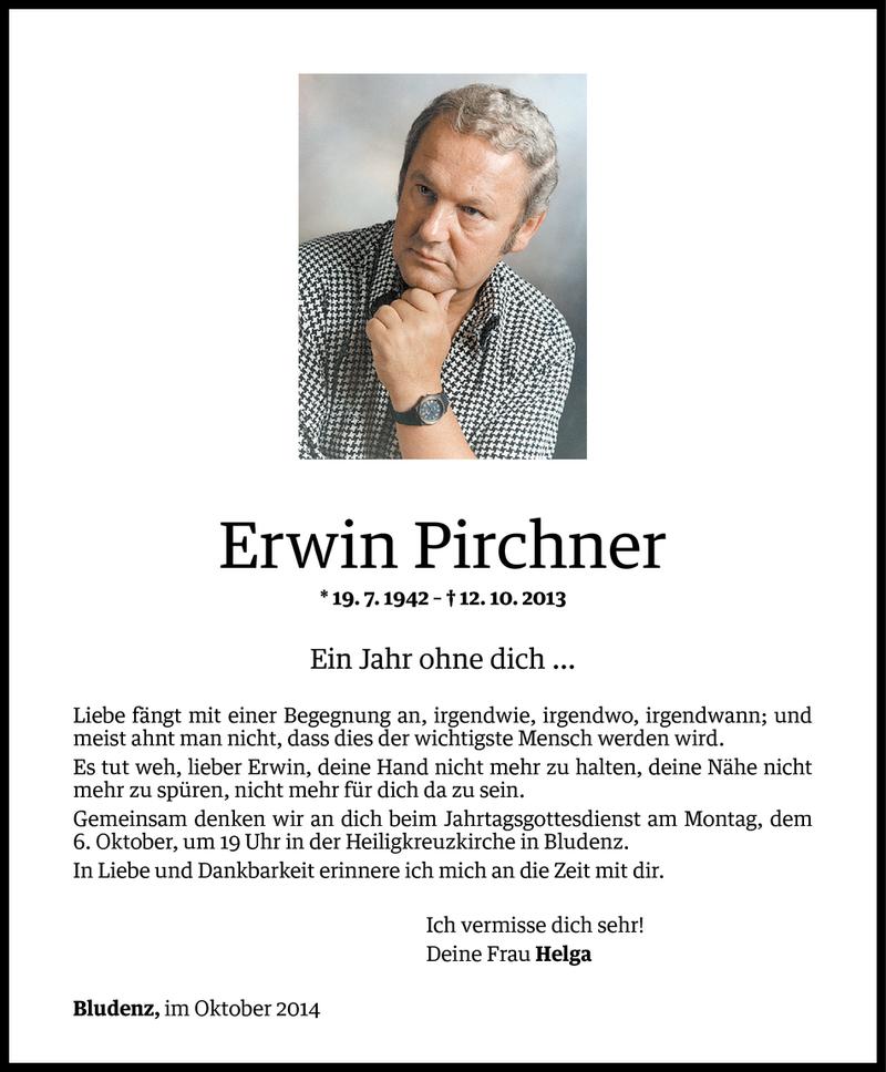  Todesanzeige für Erwin Pirchner vom 04.10.2014 aus Vorarlberger Nachrichten